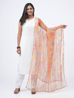 Hella Fashions - Orange Organza Floral Dupatta