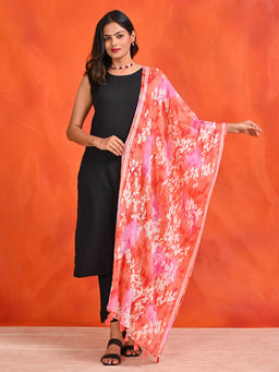 Hella Fashions - Orange Chiffon Floral Dupatta