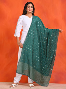 Hella Fashions - Green Chanderi Woven Dupatta