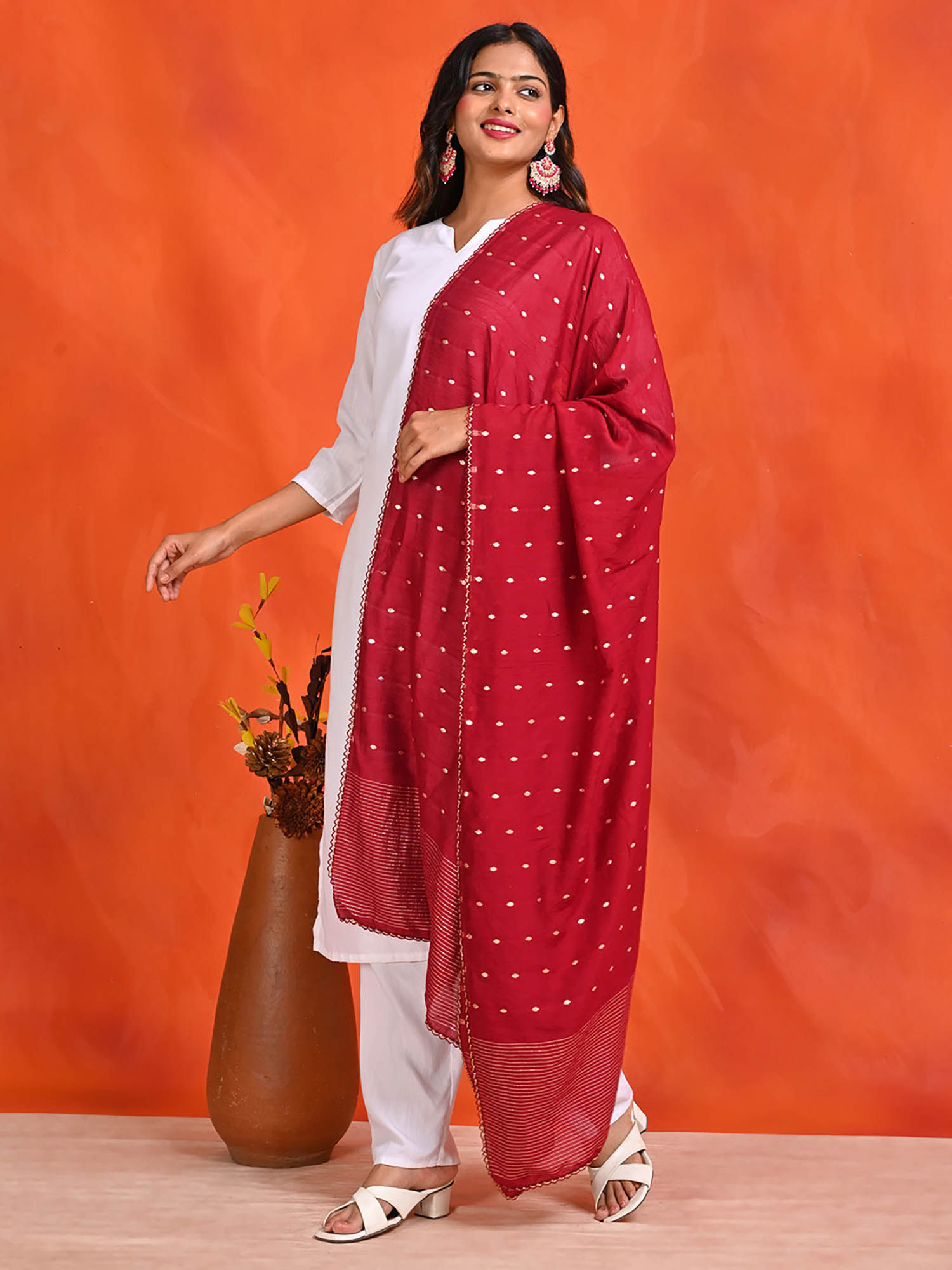 Maroon Chanderi Woven Dupatta-image-10