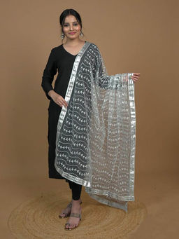 Hella Fashions - Silver Net Embroidered Dupatta