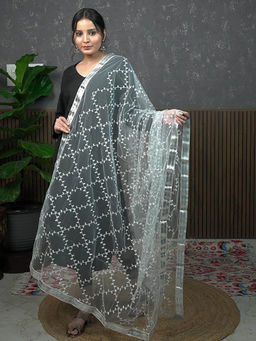 Hella Fashions - Silver Net Embroidered Dupatta