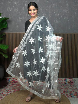 Hella Fashions - Silver Net Embroidered Dupatta