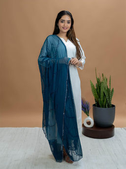 Hella Fashions - Teal Chiffon Embroidered Dupatta