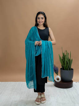 Hella Fashions - Turquoise Chiffon Embroidered Dupatta