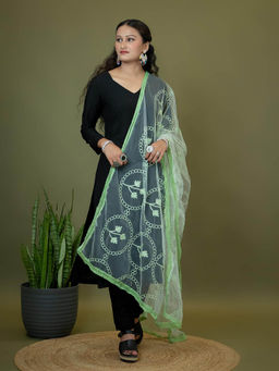 Hella Fashions - Green Net Floral Dupatta