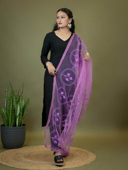 Hella Fashions - Purple Net Floral Dupatta