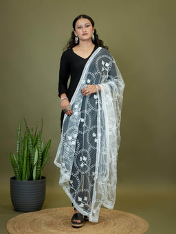 Hella Fashions - White Net Floral Dupatta