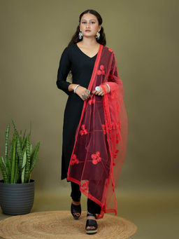 Hella Fashions - Red Net Floral Dupatta