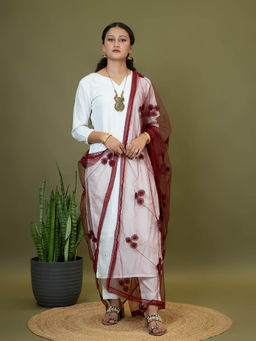 Hella Fashions - Maroon Net Floral Dupatta