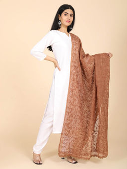 Ushvii - Bunna Brown Chikankari Dupatta