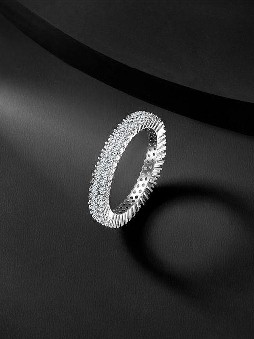 Peora 925 Sterling Silver Rhodium Plated Cubic Zirconia Studded Band Ring