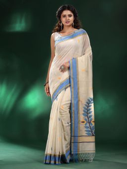 CHARUKRITI - Cream Handspun Cotton Soft Saree with Unstitched Blouse
