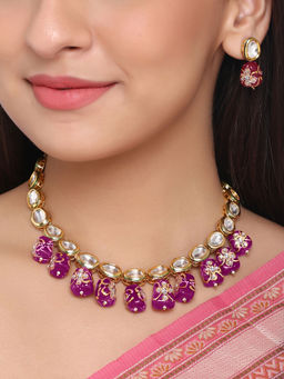 Shoshaa - Gold-Plated White Stone-Studded Magenta Pink Beaded Handcrafted Jewellery Set