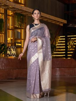 Beatitude - Mauve Gold-Toned Ethnic Cotton Blend Motifs Saree with Unstitched Blouse
