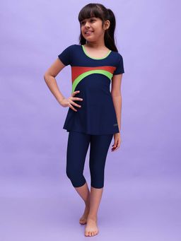 LYCOT - Navy Blue Girl Half Sleeves Swimsuit with Attached Tights