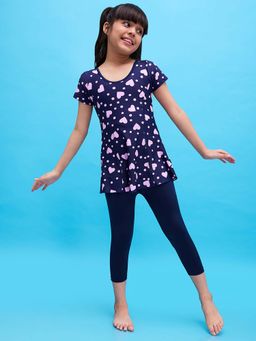 LYCOT - Navy Blue Girl Printed Swimdress with Attached Tights