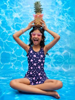 LYCOT - Navy Blue Girl Printed Swimsuit with Attached Shorts