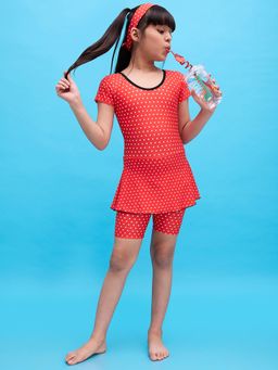 LYCOT - Red Girl Printed Swimsuit with Attached Shorts