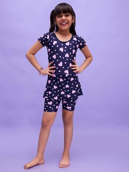 LYCOT - Navy Blue Girl Printed Swimsuit with Attached Shorts