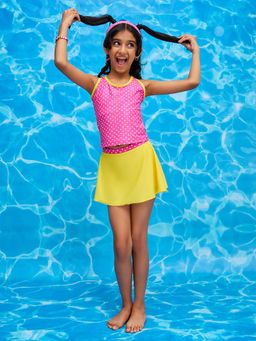 LYCOT - Pink Girls Retro Polka Dot Tank Top and Skirt Swim Set with Attached Shorts