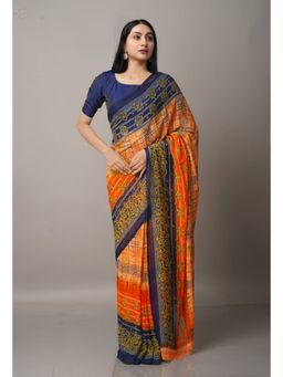 Unnati Silks - Orange Fancy Block Printed Georgette Saree with Unstitched Blouse
