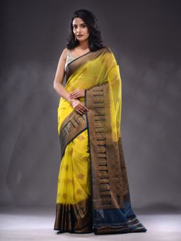 CHARUKRITI - Yellow Organza Handwoven Saree With Unstitched Blouse