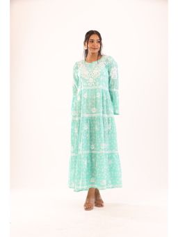 Rivaz Threads and Co - Chikankari Bell Sleeves And Ghaspatti Work Dress - Green