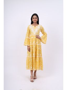Rivaz Threads and Co - Chikankari Bell Sleeves And Ghaspatti Work Dress - Yellow
