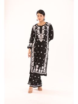 Rivaz Threads and Co - Modal Chikankari Resham Work Kurta with Palazzo - Black (Set of 2)