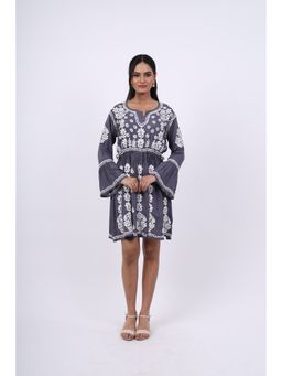 Rivaz Threads and Co - Chikankari Side Draw Strings Dress - Grey