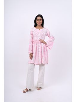 Rivaz Threads and Co - Chikankari Kurti With Side Draw Strings - Pink