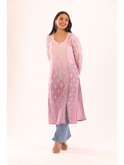 Rivaz Threads and Co - Soft Muslin Long Chikankari Kurta With Shadow Fanda Work - Pink Ombre