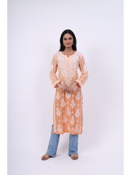 Rivaz Threads and Co - Soft Muslin Long Chikankari Kurta Ghas Patti Work - Peach