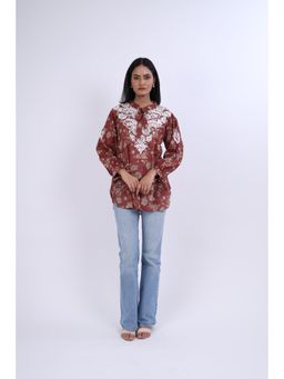 Rivaz Threads and Co - Printed Cotton Chikankari Tie-Up Collar Ghas Patti Work Top - Maroon