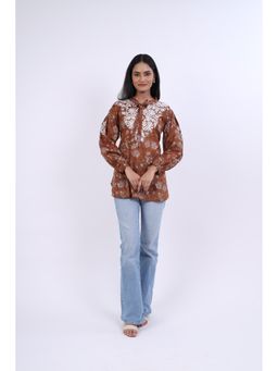 Rivaz Threads and Co - Printed Cotton Tie-Up Collar Ghas Patti Work Top - Brown