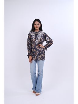 Rivaz Threads and Co - Printed Cotton Chikankari Tie-Up Collar Ghas Patti Work Top - Blue