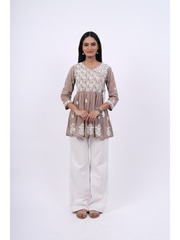 Rivaz Threads and Co - Flared Brown Chikankari Angrakha Kurti