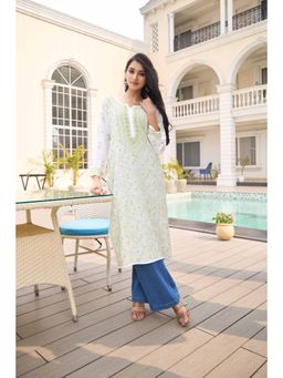 Rivaz Threads and Co - Hoor Pure Muslin Chikankari Kurta Shadow Fanda Work - Green
