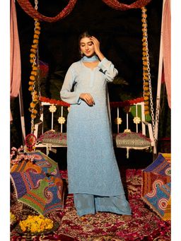 Rivaz Threads and Co - Hoor Pure Visccose Cutdana Pearl Chikankari Suit Set In Blue Ombre