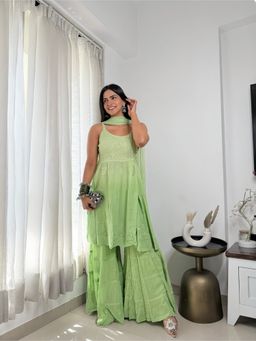 Rivaz Threads and Co - Hoor Pure Chikankari Kurta with Sharara and Dupatta - Green (Set of 3)