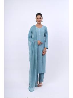 Rivaz Threads and Co - Hoor Pure Chikankari Kurta with Pant and Dupatta - Teal Blue (Set of 3)