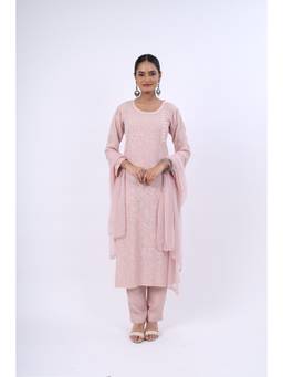 Rivaz Threads and Co - Hoor Pure Chikankari Kurta with Pant and Dupatta - Pink (Set of 3)