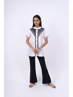 Rivaz Threads and Co - Chikankari Ghas Patti Cotton Shirt With Mandarin Collar-Black