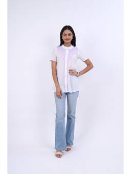 Rivaz Threads and Co - Lilac Cotton Chikankari Top With Ghas Pati And Mandarin Collar