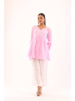 Rivaz Threads and Co - Flared Cotton Chikankari Top With Ghas Patti Work-Peach