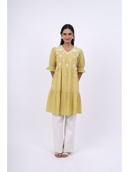 Rivaz Threads and Co - Summer Lucknow Chikankari Kurti With Puff Sleeves - Khaki