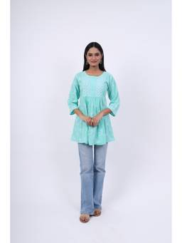 Rivaz Threads and Co - Flared Cotton Chikankari Top With Ghas Patti Work-Teal