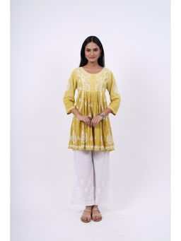 Rivaz Threads and Co - Cotton Chikankari Ghas Patti Shadow Fanda Work Kurti - Mustard