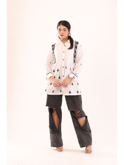 Rivaz Threads and Co - Cotton Pantex Chikankari Ghas Patti Work Shirt - Multi-Color